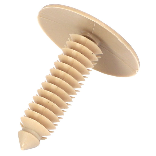 The AGCO Pin - Acw197920A is a beige plastic rivet from the AGCO brand, featuring a ridged shaft and a flat circular head. It is designed for fastening materials. No current product description information is available.