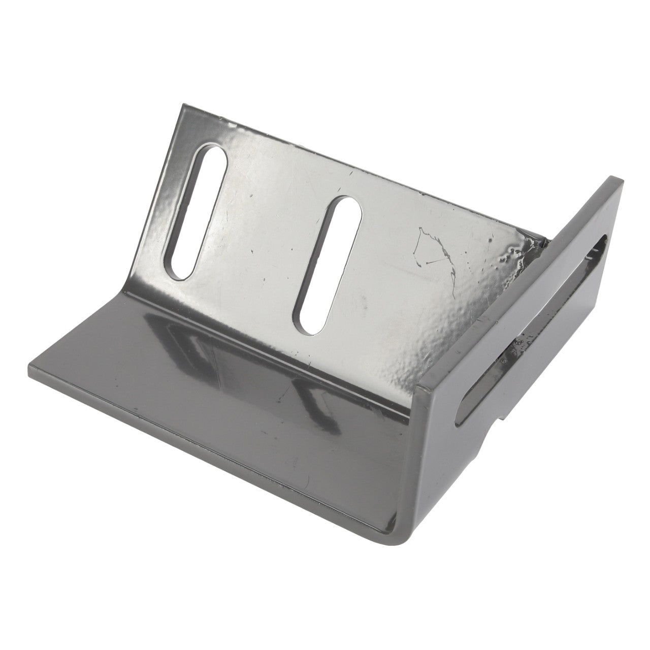 The AGCO | BRACKET - D28785346 by AGCO is a metal mounting bracket featuring three elongated holes and a flat base, designed for efficient securing of objects or equipment. It boasts smooth edges and a shiny surface. Further product specifications are currently unavailable.