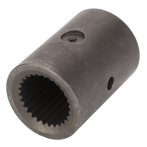 A cylindrical metal coupling from AGCO, specifically the SLEEVE - D46149400 model, featuring precisely machined internal teeth and two strategically positioned holes on the outer surface.