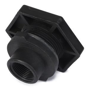 The AGCO | FITTING - AG515295 is a black plastic pipe fitting featuring threaded male and female ends, along with a square base. There is no current product description information available.