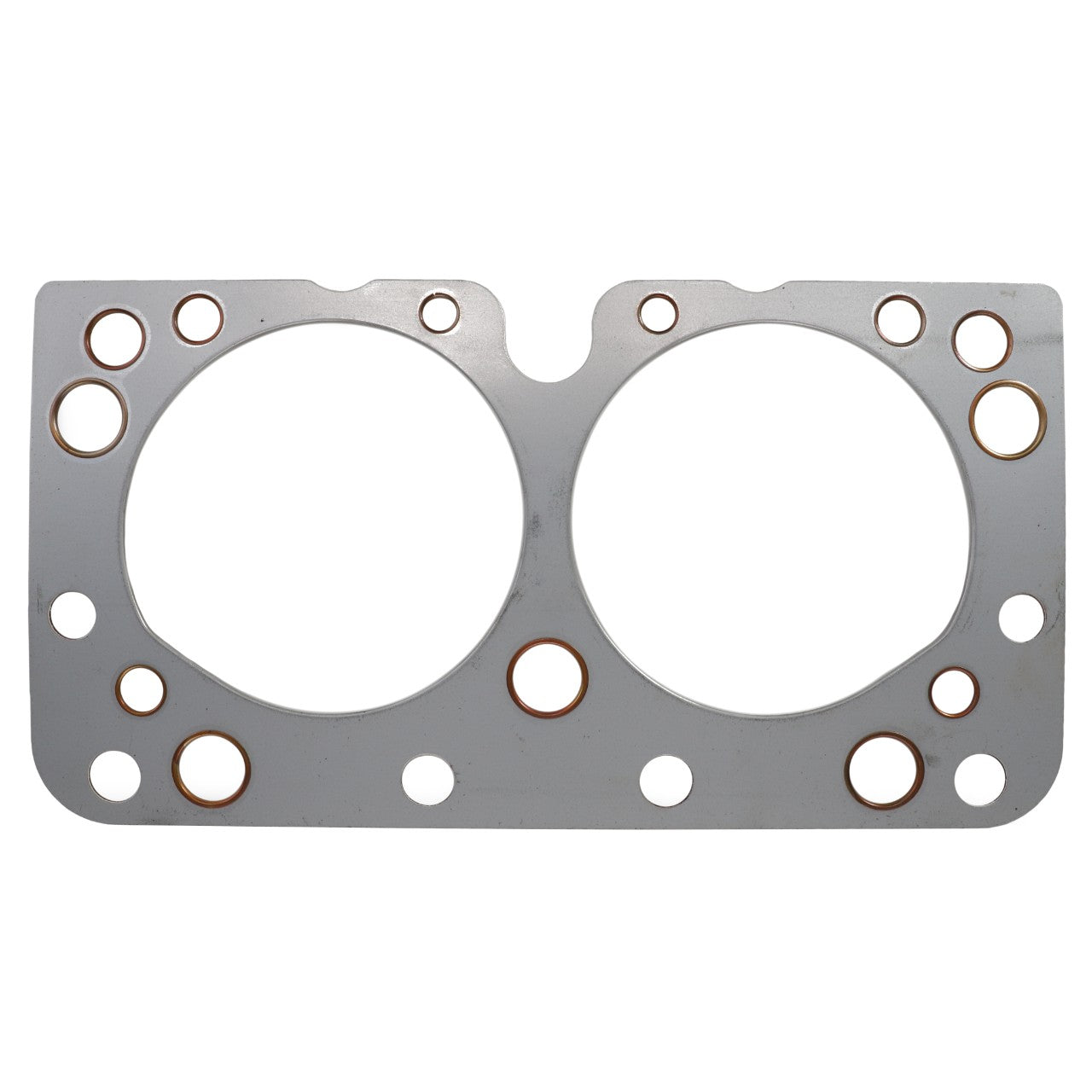 Discover the AGCO | GASKET - 10V22209, a rectangular metal gasket featuring two large circular openings and several smaller holes surrounding them, meticulously detailed in the product description provided by our support team.