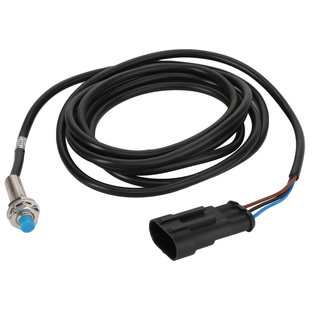 A robust cable from AGCO, known as the SWITCH - ACY1581330, is highlighted by its black exterior, a sensor with a blue tip, and an end connector. The cable also integrates three colored wires: brown, blue, and black.