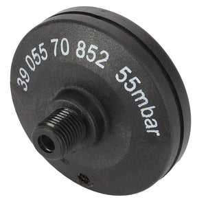 Close-up of a black circular pressure sensor with the markings "39 055 70 852" and "55 mbar" printed on its surface. This AGCO Air Restriction Switch - Acw1191330 features a threaded nozzle for attachment, though additional product description information is currently unavailable.