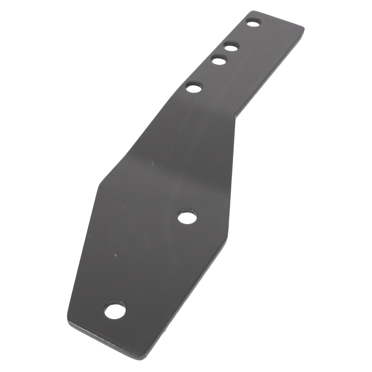 The AGCO | BRACKET - AL10416047 is a black metal plate featuring a tapered end and multiple circular holes for mounting.