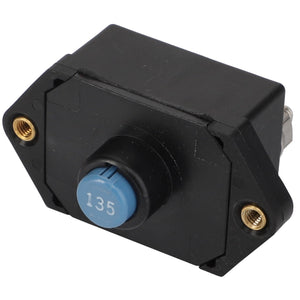 The AGCO | FUSE - ACP0534170 is a black rectangular electrical switch with a blue circular button labeled "135" at its center, flanked by two gold-colored screw holes on either side.