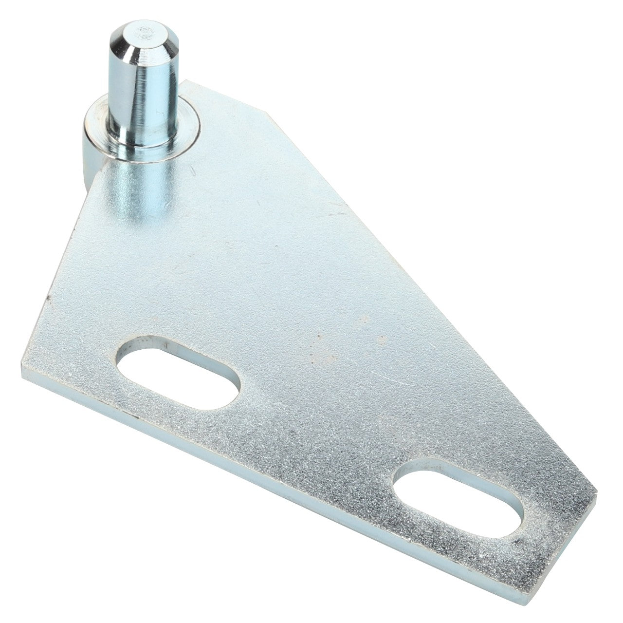 Introducing the AGCO | HINGE - D28181348 by AGCO: a high-quality triangular metal bracket featuring a cylindrical peg attached at one corner and two elongated holes on its surface for versatile mounting options.