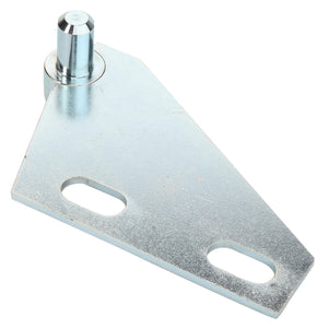 Introducing the AGCO | HINGE - D28181348 by AGCO: a high-quality triangular metal bracket featuring a cylindrical peg attached at one corner and two elongated holes on its surface for versatile mounting options.