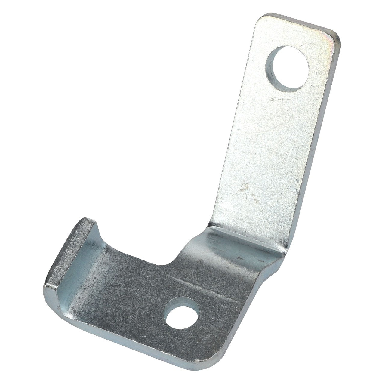 The AGCO SUPPORT - AL5033765 is a metallic L-shaped bracket with two precisely positioned holes at each end, perfect for mounting or securing various objects.