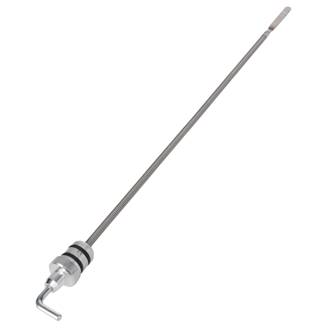 The AGCO Breather Plug - Acp0445990 by AGCO is a distinctive long metal rod with a coiled spring design, featuring a handle on one end and a flat, rectangular tip on the other. No current product description matches its unique structure.