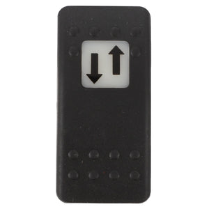 The AGCO SWITCH - D45050065 is a rectangular black button featuring up and down arrows. It includes raised bumps above and below the arrows, offering tactile feedback for easy use.