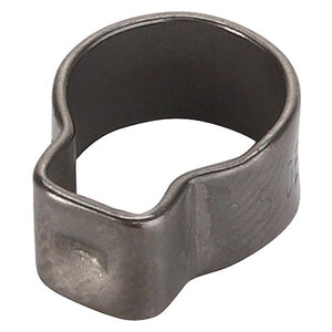 The AGCO Ear Clamp - F916501030180 is a metal single-ear hose clamp with a rounded, slightly tapered design that delivers strong radial clamping force for securing hoses and ensuring an effective seal.