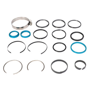 A selection of AGCO metal and rubber rings, seals from the Seals Kit - Acp0023550, and a single metal hose clamp neatly arranged on a white background.