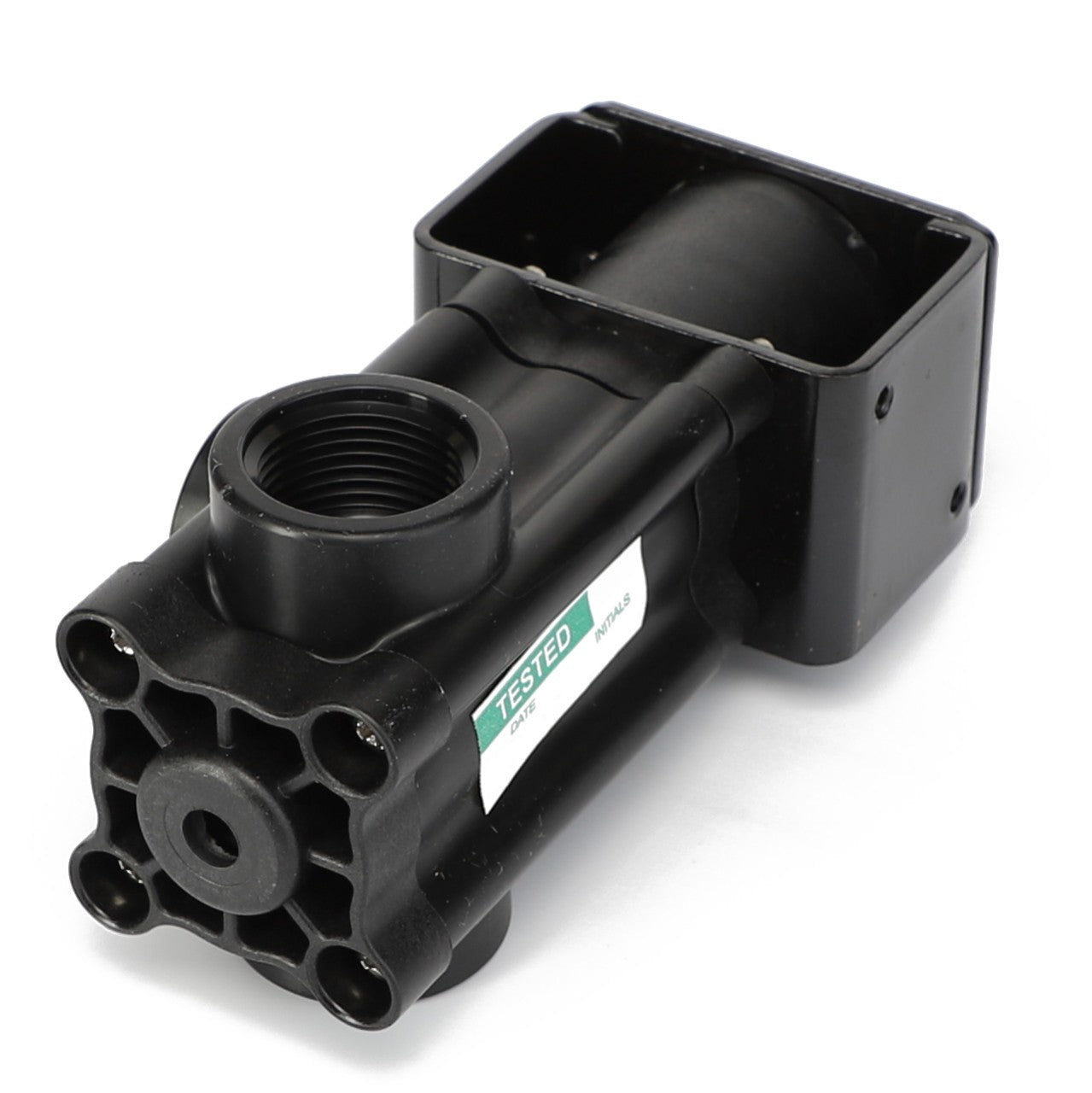 A close-up view of the AGCO | Control Valve - Ag052262, an industrial air pump in black, featuring a "TESTED" label. This AGCO control valve includes multiple mounting points and a threaded inlet. No current product description available.