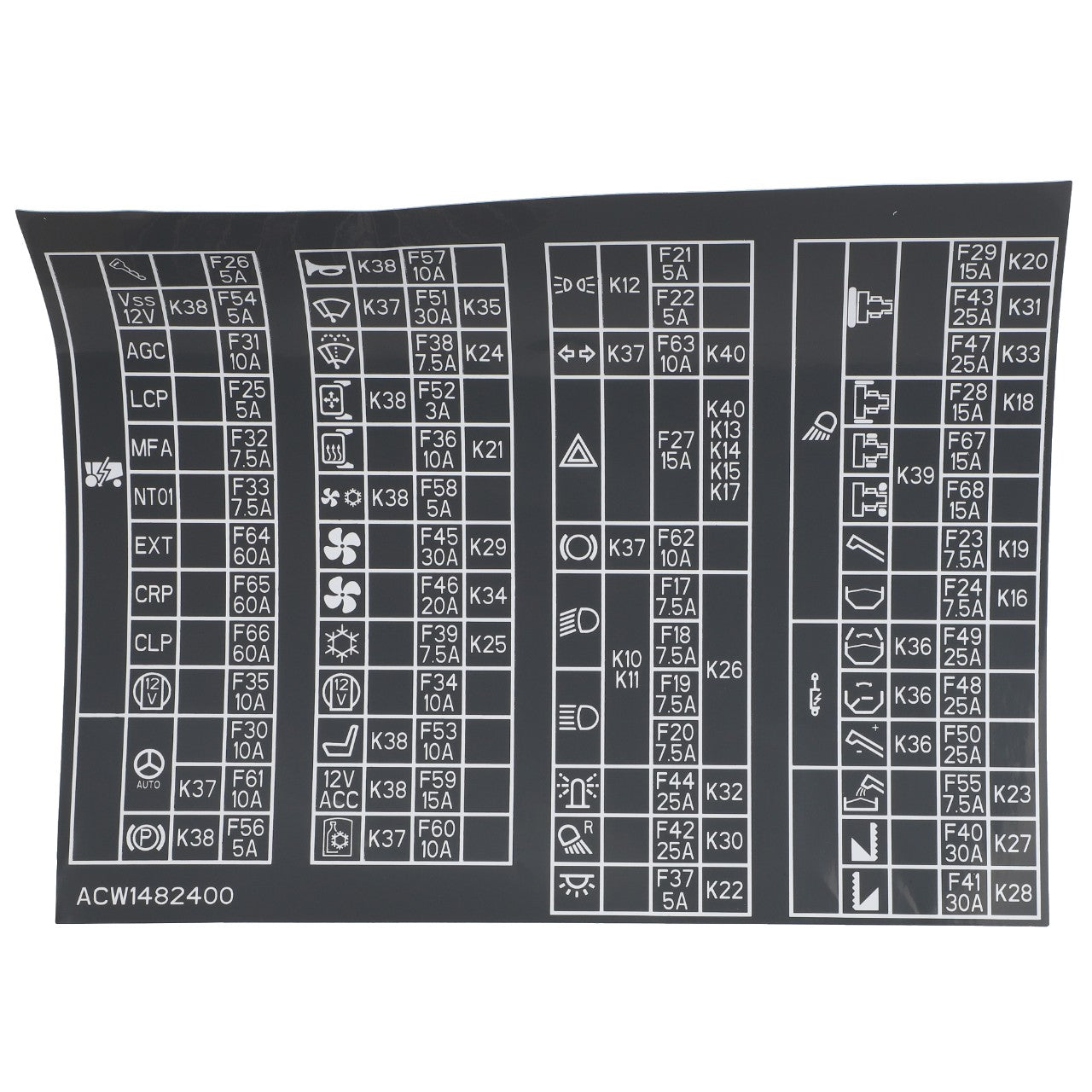 Image of the AGCO | Decal - Acw1482400, showcasing a fuse box diagram with labels and icons indicating various fuses and their corresponding functions in a vehicle. Currently, no further product description information is available.