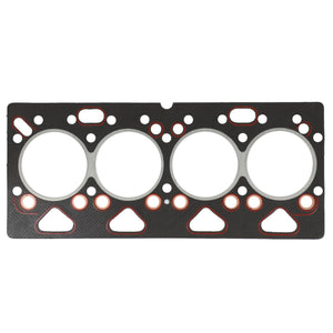 Image of the AGCO | Gasket - 4222124M1 engine head gasket with four combustion chamber openings and multiple smaller holes for coolant and oil passages. The rectangular gasket, primarily black in color, is designed to fit various Massey Ferguson models perfectly.