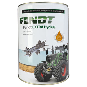 A metal container of AGCO Fendt Extrahyd 68 20L - FX991500321 hydraulic oil, featuring an image of a tractor and an illustration of machinery on its label.