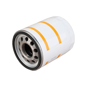 The AGCO Hydraulic Filter Spin On - 2.4419.470.0 is a metal oil filter with a white body and yellow stripes, featuring multiple holes around the central opening, designed for use in automotive engines to help extend the machine's lifespan.