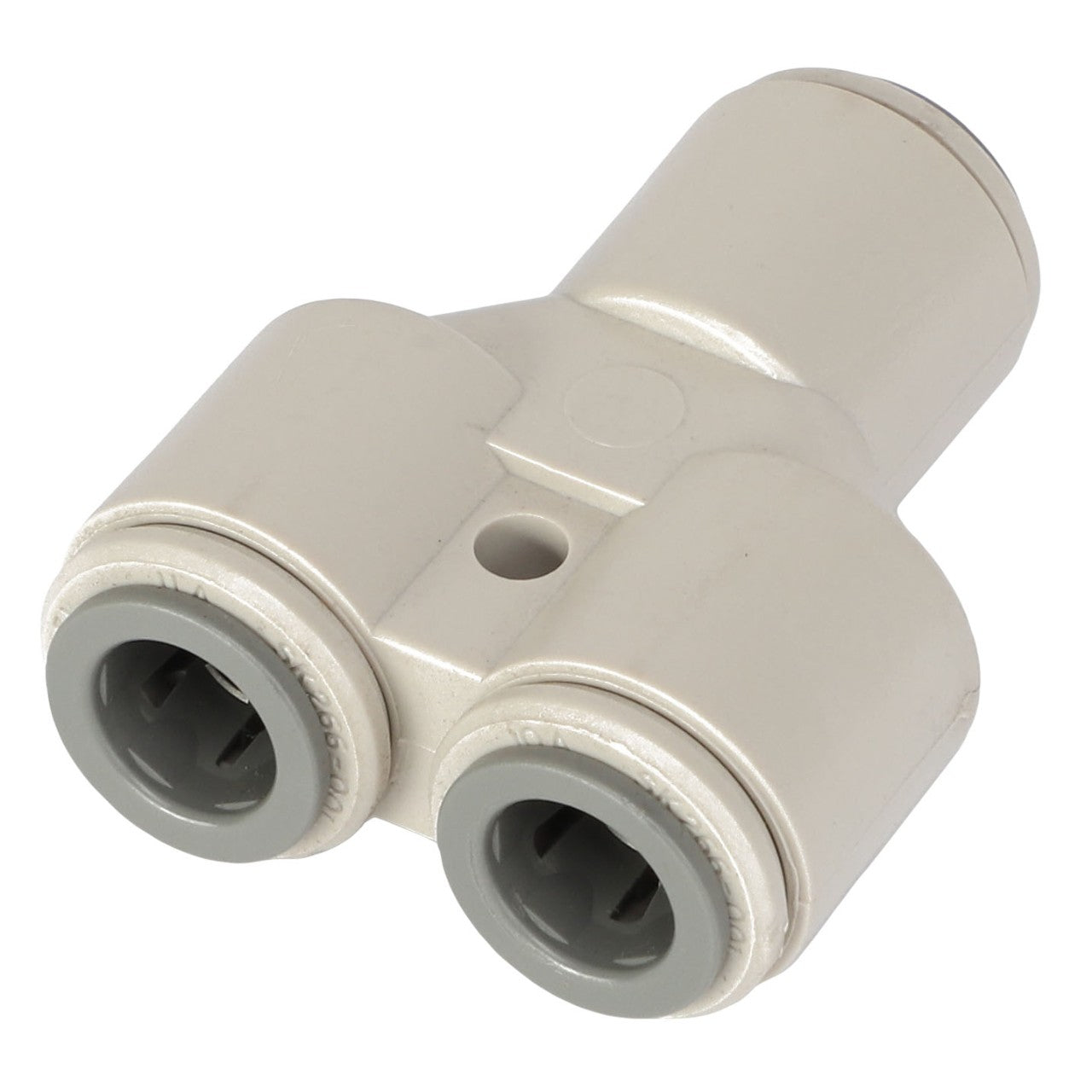 The AGCO | UNION - AG518764 by AGCO is a plastic pneumatic T-connector, designed to connect air hoses with two openings on one side and a single opening on the other.