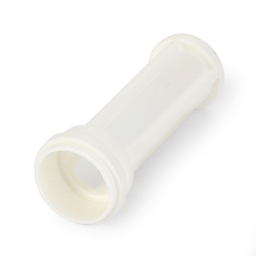 The AGCO Strainer - 1851654M1 is a small, cylindrical white plastic mesh filter with open ends on both sides, used in various fluid filtration applications for Massey Ferguson models.