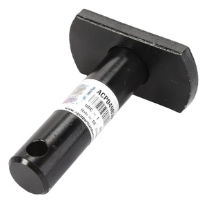 A black metal dowel with a flat rectangular top and a cylindrical bottom featuring a hole, labeled "AGCO Clevis Pin, Lift Arm - Acp0498500", commonly used in linkage components.