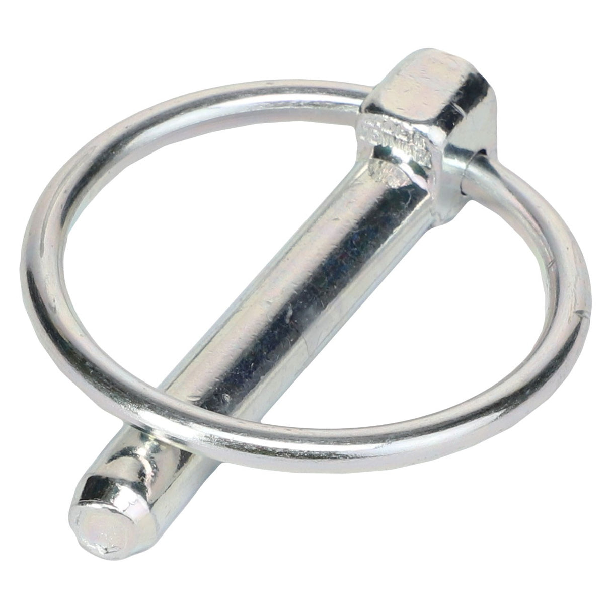 The AGCO PIN - AL5017002 is a metal quick-release pin featuring a circular ring for secure locking, commonly used to attach components in machinery or equipment.