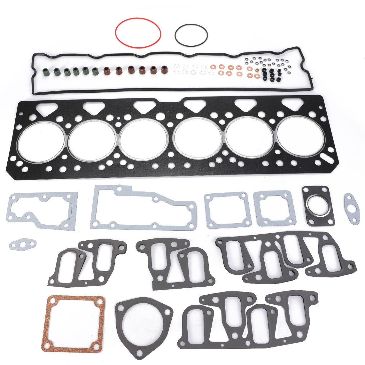 An assortment of components from the AGCO Engine Gasket Kit, Top - 4224667M91, featuring genuine top end gaskets for Massey Ferguson models, including a head gasket, valve cover gaskets, various smaller gaskets, and O-rings, all arranged on a white surface.