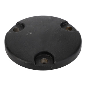 The AGCO | Cover - 3785587M1 is a round, black, metal component featuring three evenly spaced circular indentations, each with a hole likely meant for mounting or attachment. This piece is designed for Massey Ferguson models and comes from the AGCO Parts Genuine Covers selection.