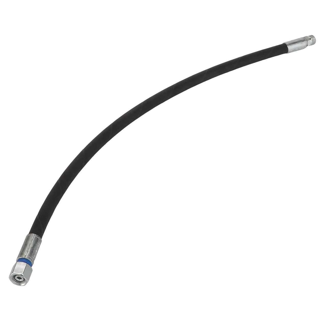 A hydraulic hose by AGCO (model Acw1444290) featuring a black flexible body and silver metal fittings on both ends, displayed slightly curved on a white background.