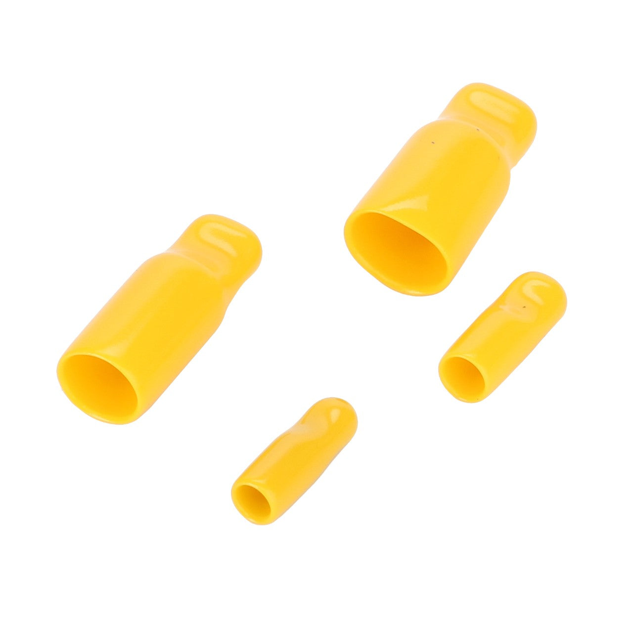 Four yellow plastic electrical wire connectors of varying sizes are arranged on a white background, reminiscent of the precision and quality you'd expect from AGCO's Kit - 4226449M91.