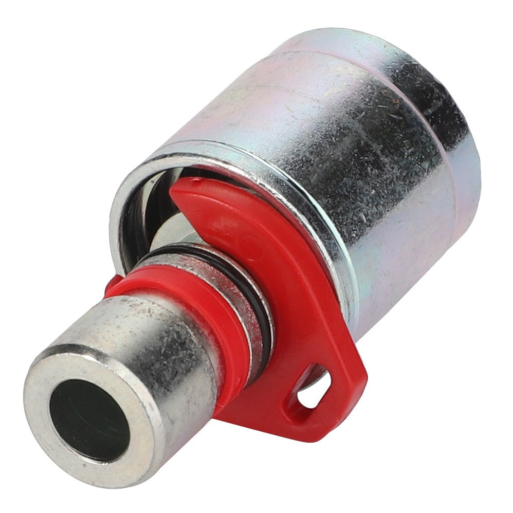 The AGCO KIT,HOSE FITTING - AL4500381 is a metal quick-release air hose connector with a red latch, perfect for front loader applications. It ensures easy and secure connections and disconnections using original AGCO parts.