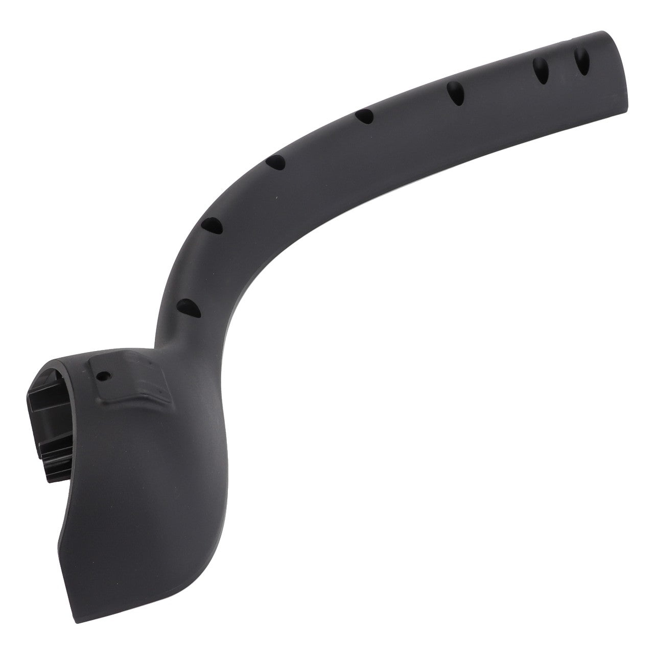 The AGCO | Direction Indicator Lamp Bracket - 737812220041 is a black plastic piece with a curved design and multiple holes along its length, suitable for various Massey Ferguson applications.