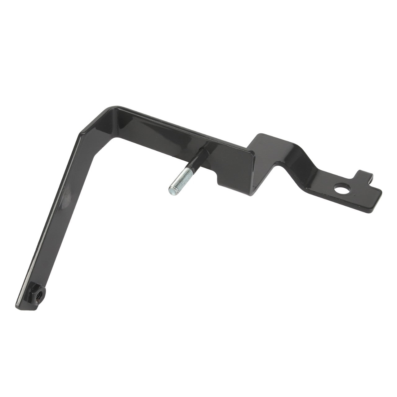 The AGCO Bracket - Acw351983B is a black metal bracket that comes with an attached bolt and a hole for mounting.