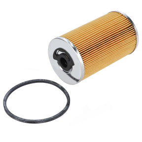A cylindrical AGCO Engine Oil Filter Cartridge (F231201310110) with a rubber gasket lying beside it, isolated on a white background. This filter ensures maximum protection for your engine, making it ideal for Massey Ferguson models.
