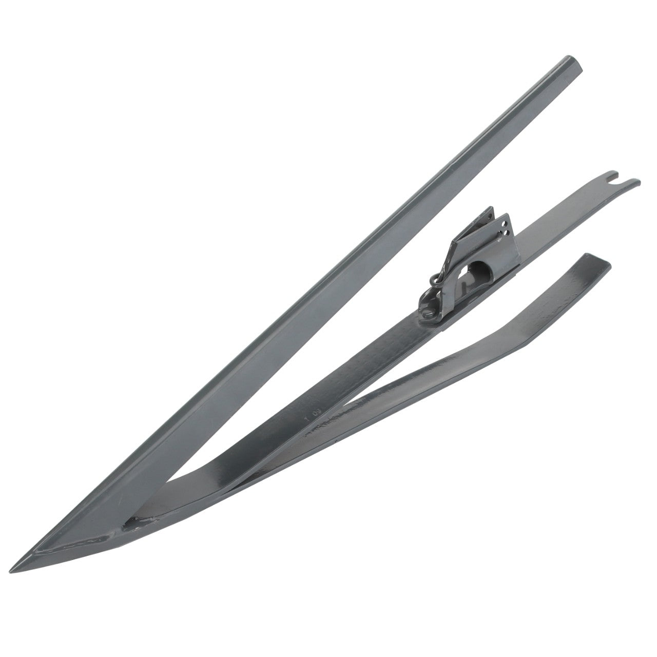 The AGCO | EAR LIFTER - D49040800 by AGCO is a durable metal boat anchor featuring a sharp, triangular design and an innovative sliding attachment mechanism on its shank.