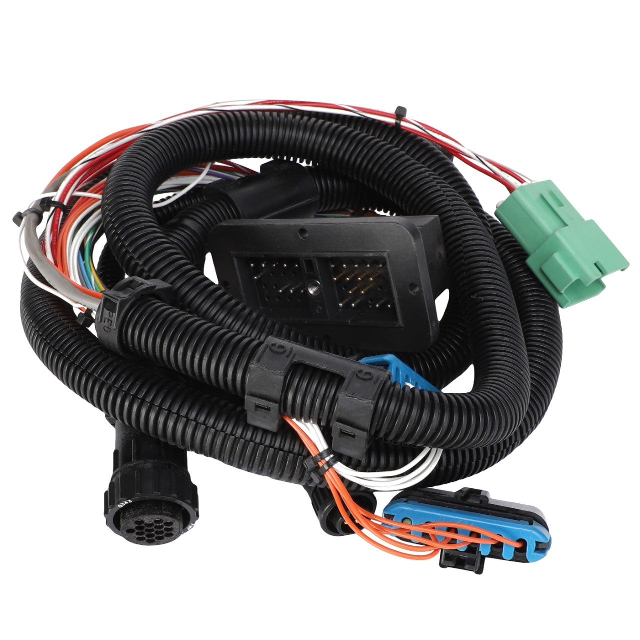 A coiled automotive wiring harness, marketed as AGCO | HARNESS - AG504298, featuring multiple connectors in black, green, and blue, with various colored wires bundled together.