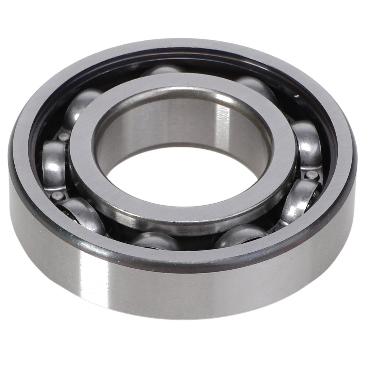 No current product description is available for the AGCO Cylindrical Round Bore Ball Bearing - 1109058. This metal ball bearing, manufactured by AGCO, features an inner and outer ring. The outer ring houses several metal balls to ensure smooth rotation.