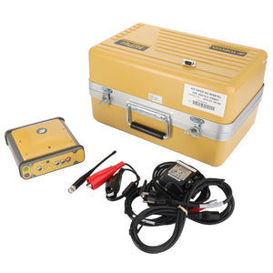 The AGCO HIPER AG BASE STATION KIT - ACZ000123A is a yellow, metal handheld device equipped with multiple ports, an antenna, and cables. It includes a matching yellow case that features a convenient handle and label for easy transport.