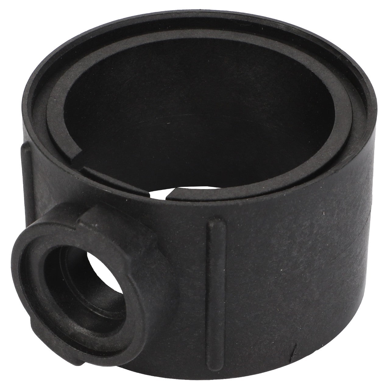 The AGCO Valve Body - Ag007489 is a black circular plastic component with a hollow center, featuring a side opening and a protruding threaded section.