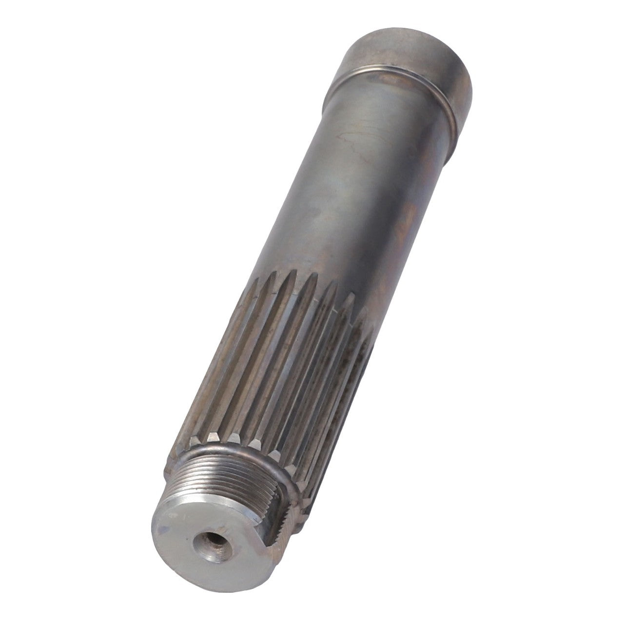 The AGCO Shaft - Acx2864960 is a cylindrical metal gear shaft, incorporating splines and threading on one end, and boasting a smooth finish. Currently, no additional product description information is available.