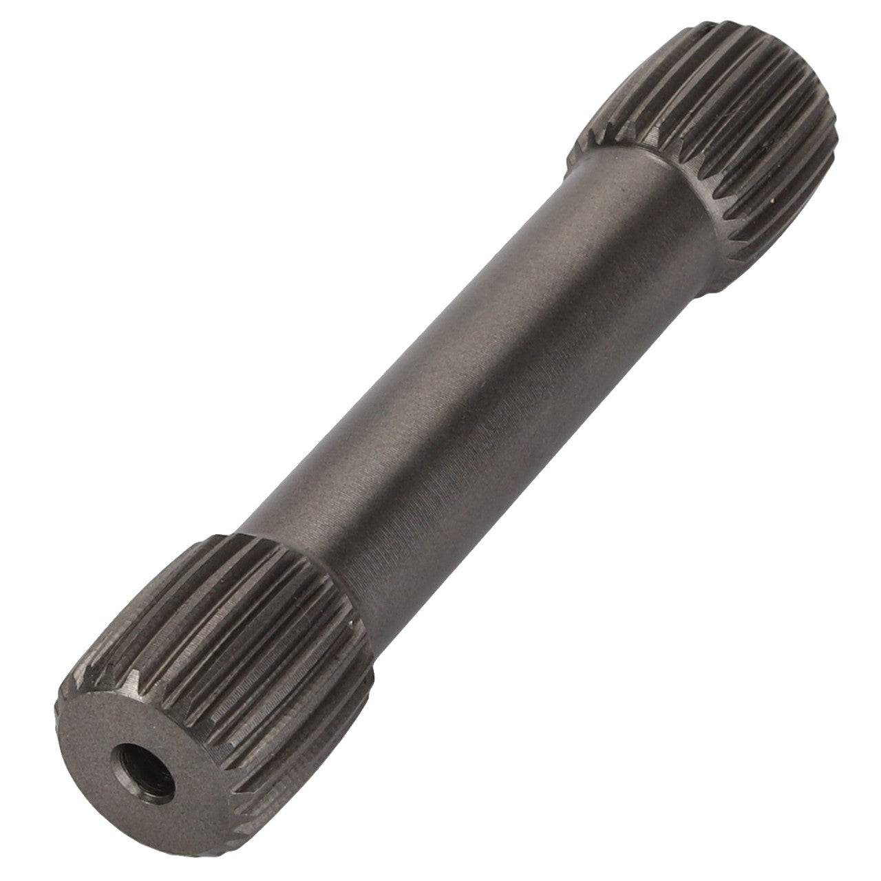 The AGCO | SHAFT - ATV0402-963, manufactured by AGCO, is a metal splined shaft with parallel splines at both ends and a cylindrical body featuring a small hole at one end. However, no additional details are provided in the description.