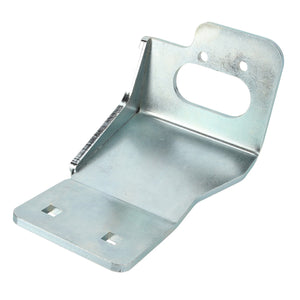 The AGCO BRACKET - AL60021160 is a galvanized metal mounting bracket with multiple bends and holes. It includes two square holes on the base and two circular holes near the top, providing versatile installation options.