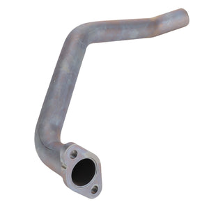 Introducing the AGCO Coolant Line - Acp0358530: A robust metallic, L-shaped exhaust pipe featuring mounting holes at the base and a sleek, slightly bent tube designed for optimal performance. This high-quality product is brought to you by AGCO.