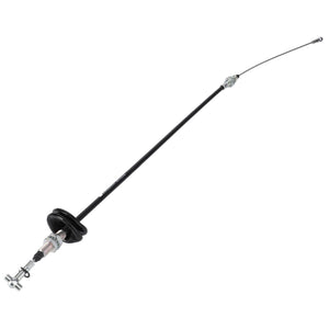 A black AGCO throttle cable with metal fittings on both ends, suitable for controlling engine throttle in Massey Ferguson tractors, available under the product name AGCO | Cable, Handbrake - Acw0289490.