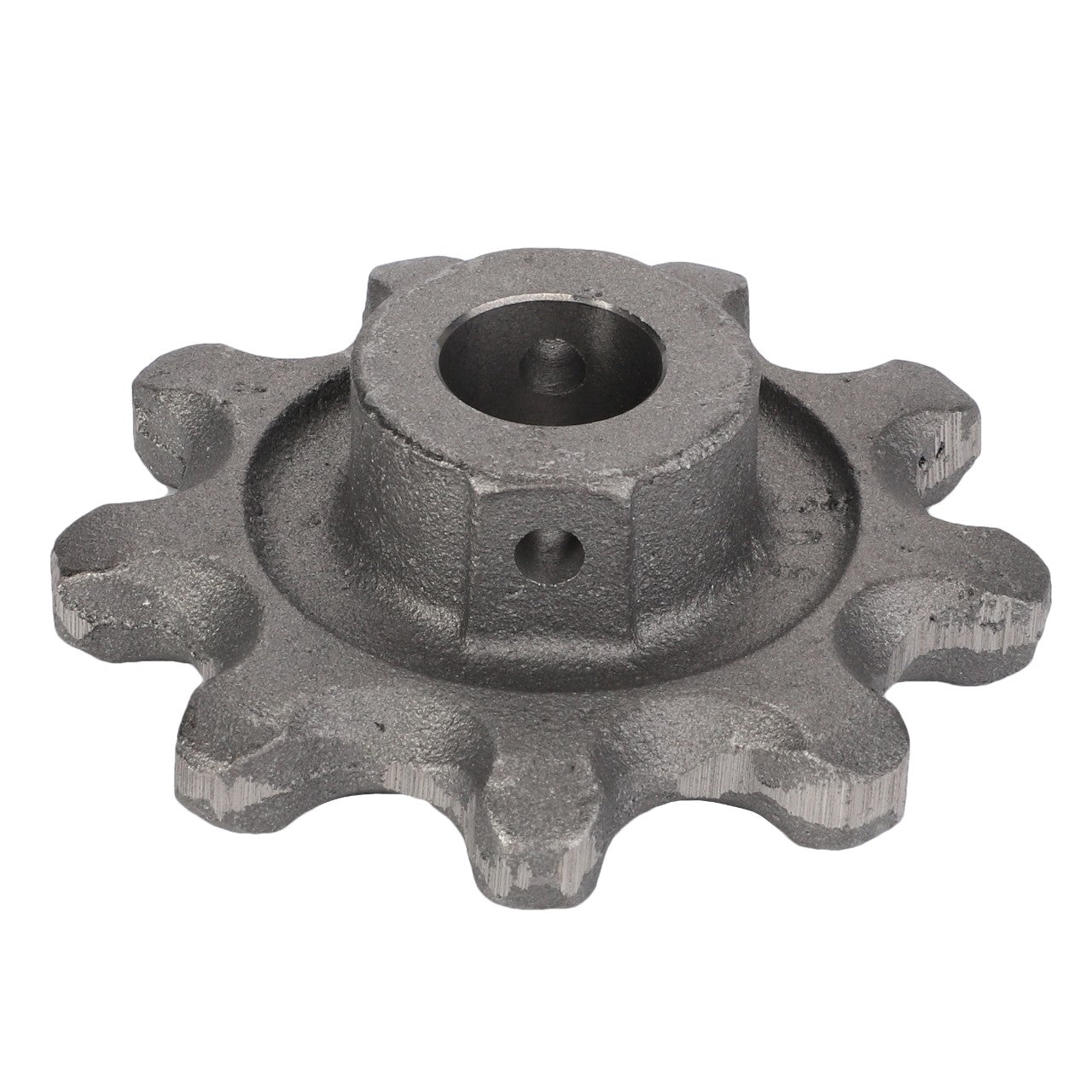 An AGCO Return Elevator Auger Sprocket (D28560008), crafted from metal and featuring eight equally spaced teeth with a central hole, designed to ensure optimal torque transmission and chain movement in mechanical systems.