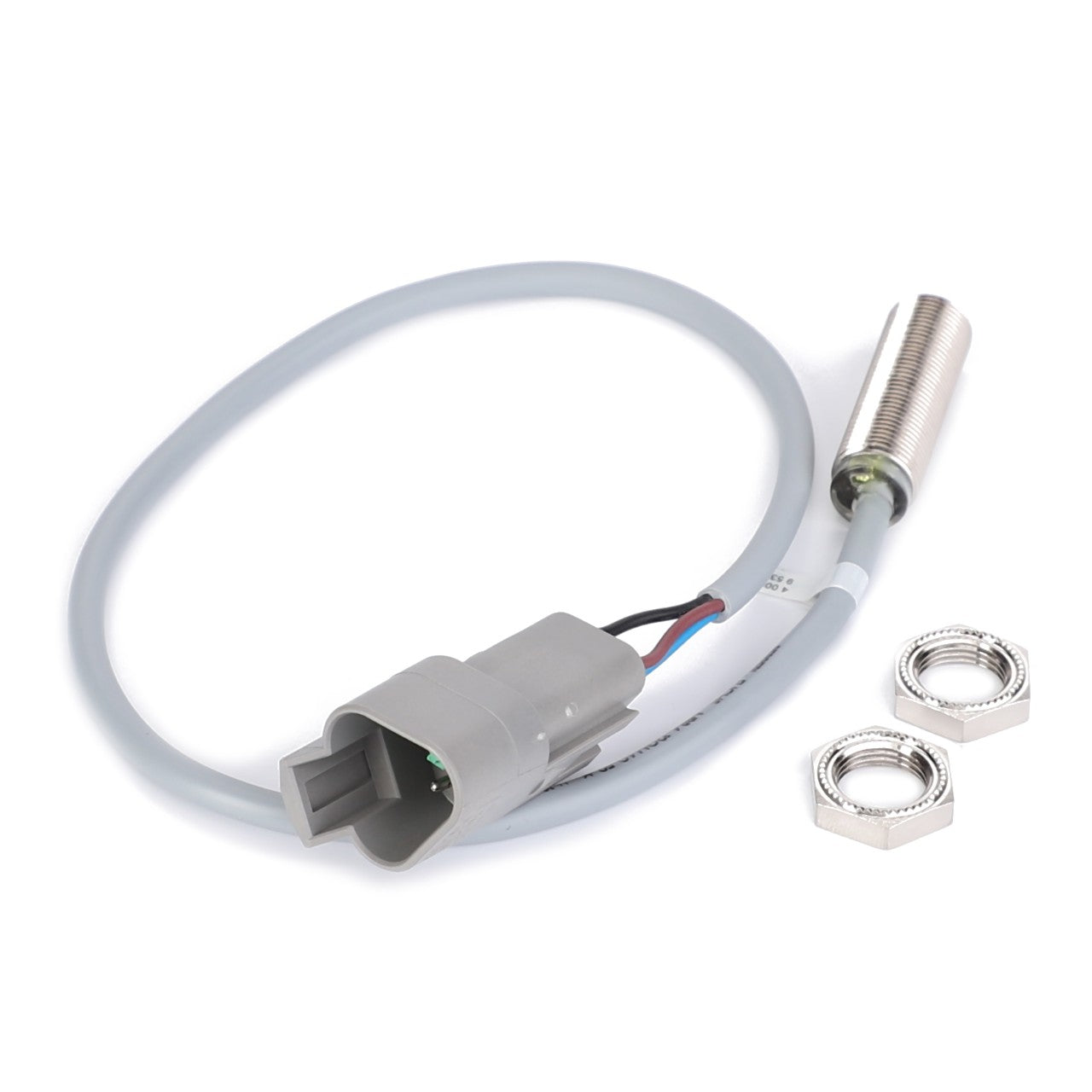 The AGCO Sensor Floor And Twine Wrapping (0971-31-43-00) is a cylindrical proximity sensor that comes with a grey cable, a connector plug, and two hex nuts, ensuring seamless integration with Valtra Models.