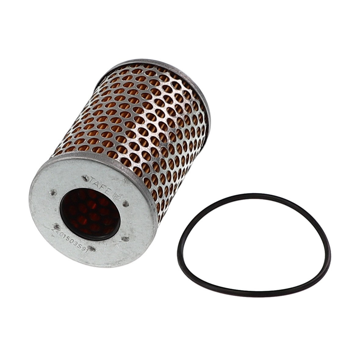 The AGCO Hydraulic Filter Cartridge - Acp0647840, a cylindrical metal hydraulic filter with a perforated outer casing, is shown next to a circular black rubber gasket, essential for maintaining equipment uptime and reducing maintenance costs.