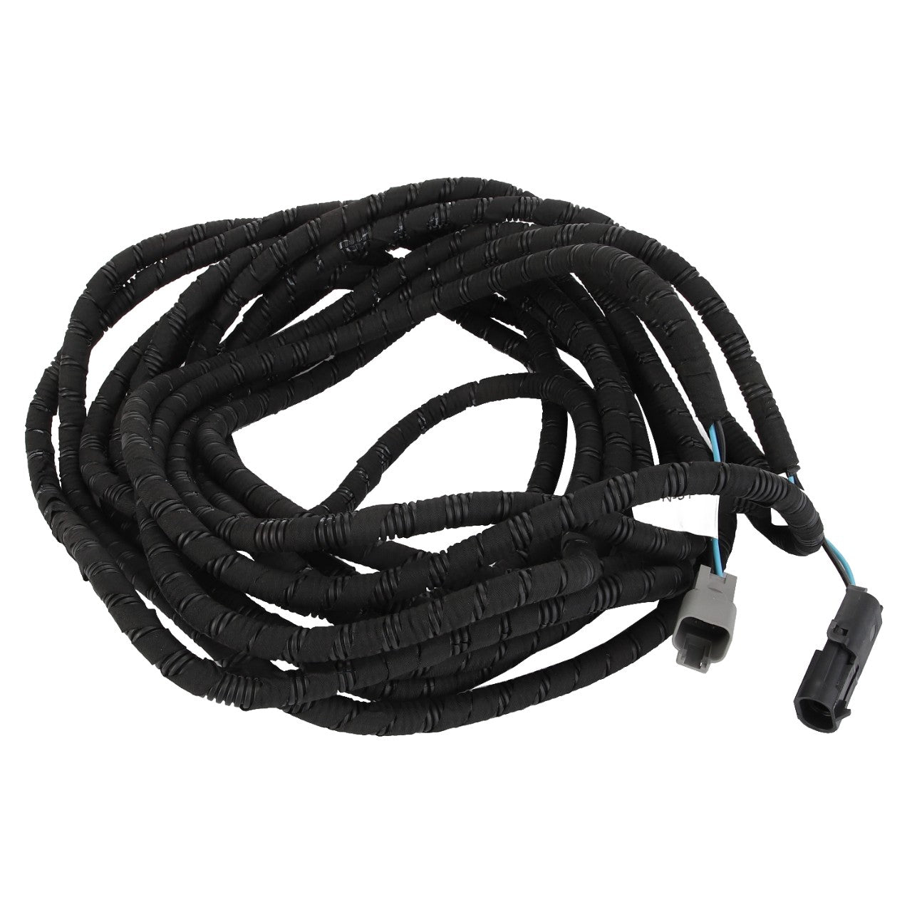 Introducing the AGCO | Cable Harness - Acw2947370: a coiled black wiring harness featuring two connectors on one end, expertly designed for automotive or electronic applications. Brought to you by AGCO.