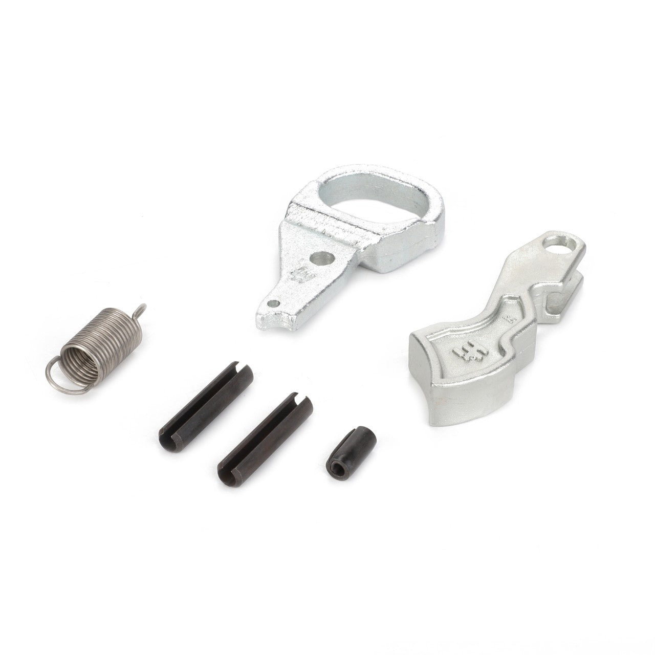 Various metal components, including a spring, lever, and pin, laid out on a white background, reminiscent of the intricate parts found in an AGCO | Repair Kit - Acp0401880 by AGCO.