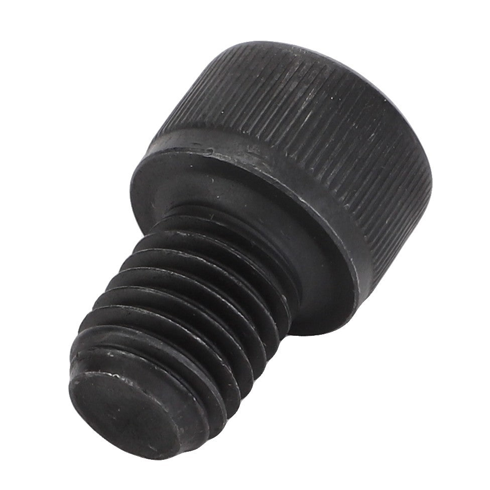 The AGCO | SCREW - D46150481, a meticulously engineered black metal screw bolt with a knurled cylindrical head and threaded body, is showcased against a white background, embodying the precision craftsmanship of our collection.