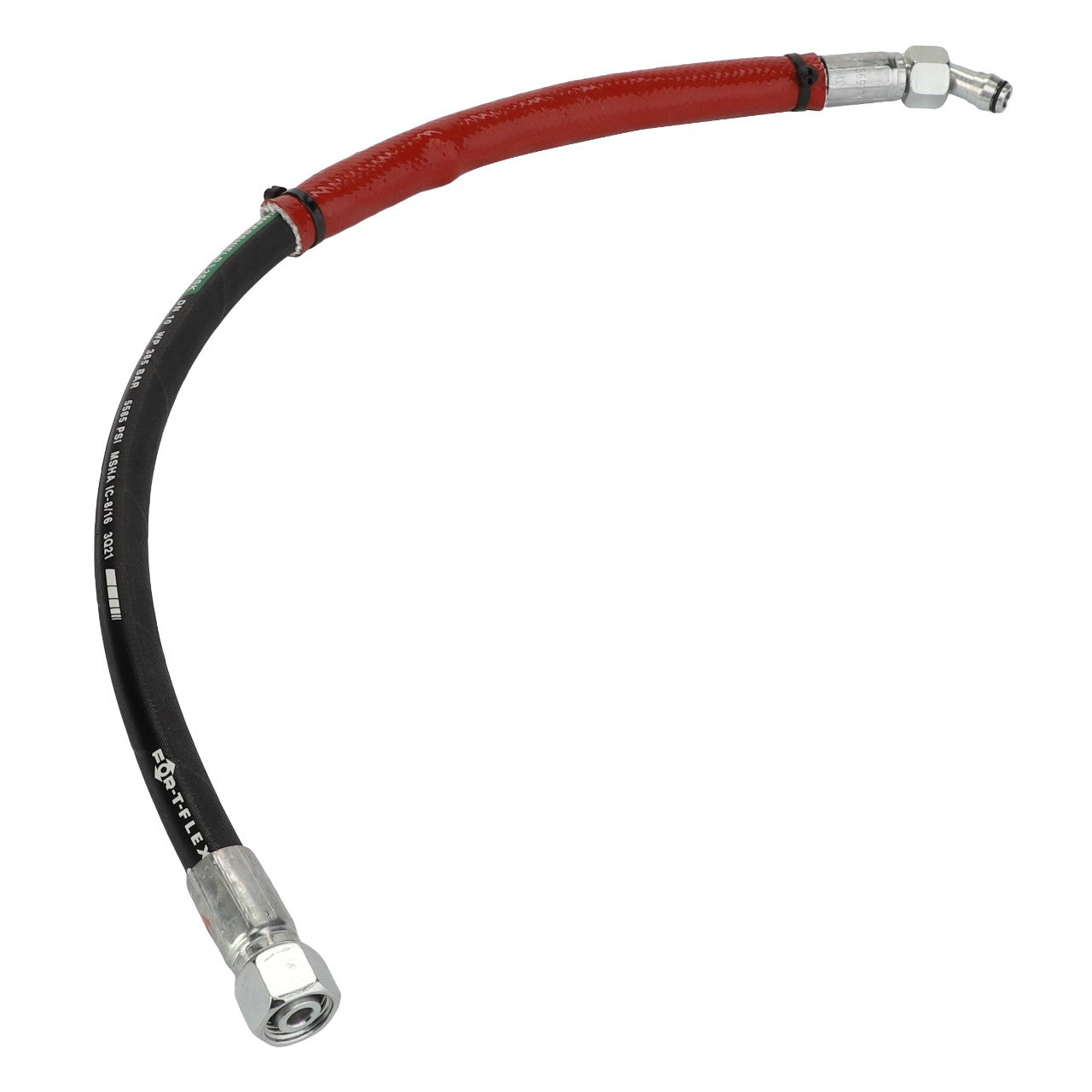 Introducing the AGCO Hose - Acp0668620: This flexible black hose features durable metal connectors at both ends, with one end uniquely angled. It also includes a red protective sleeve in the middle for added safety and durability. Brought to you by AGCO, a trusted brand for quality products.